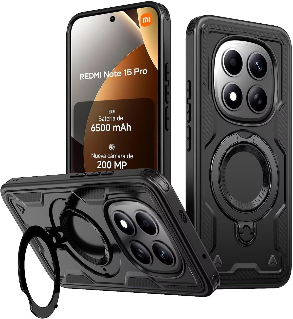 Funda para Xiaomi Redmi Note 15 Pro 4G (6.77"), Anti Golpes Carcasa Protectora Resistente con Anillo Soporte Giratorio - Capa Negro