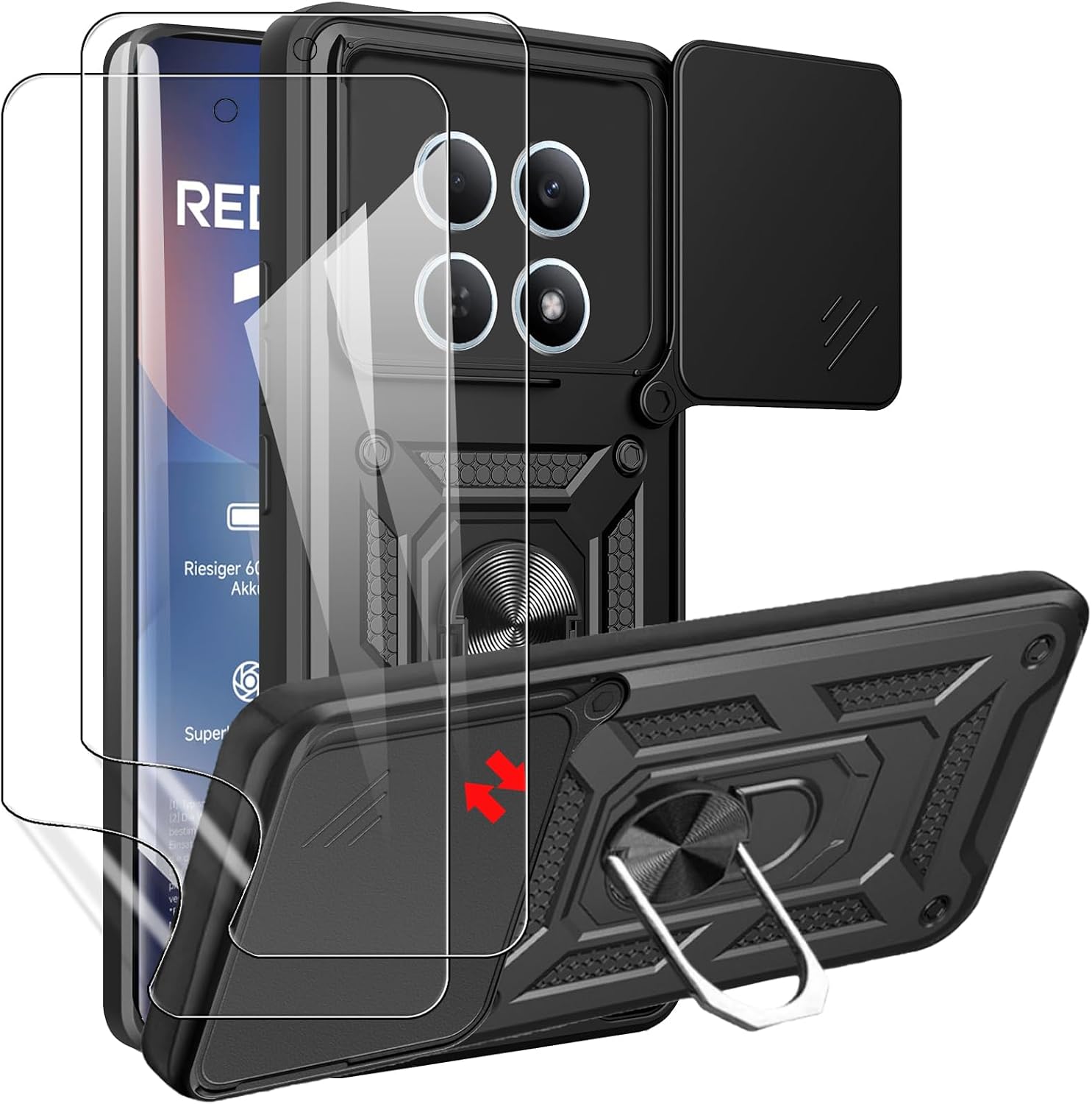 MEMELOKA Funda para Xiaomi Poco M8 5G/Redmi Note 15 5G/4G + Cristal Templado, TPU Película de Flexible con 360° Soporte de Anillo, Antigolpes Carcasa con Cubierta de Cámara Deslizante, Negro