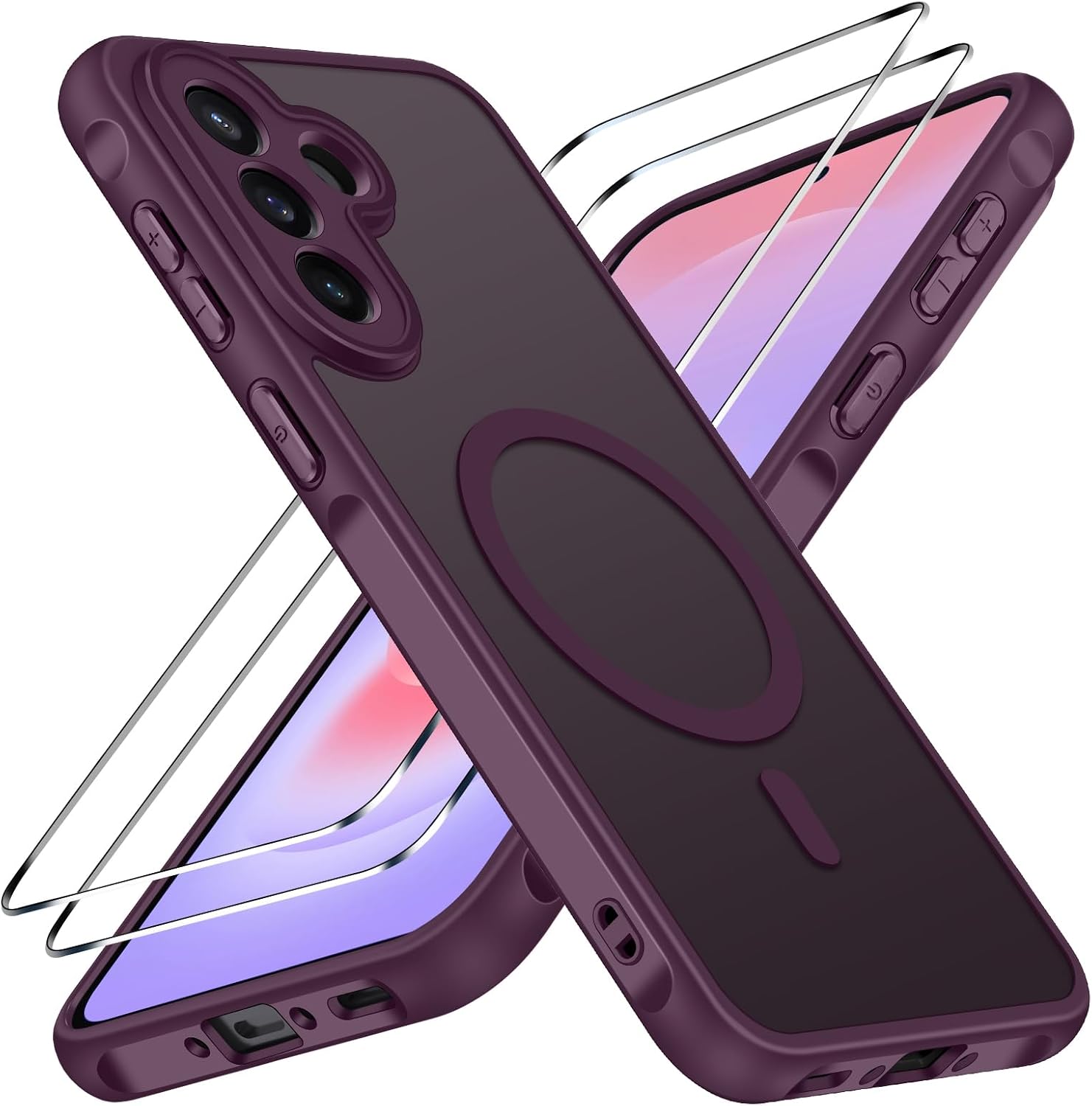 ivoler Funda Magnética para Samsung Galaxy A37 5G con 2 Piezas Cristal Templado, Compatible con MagSafe, [Protección Militar] Protectora Antiarañazos Translúcida Mate Silicona Case, Rojo Vino