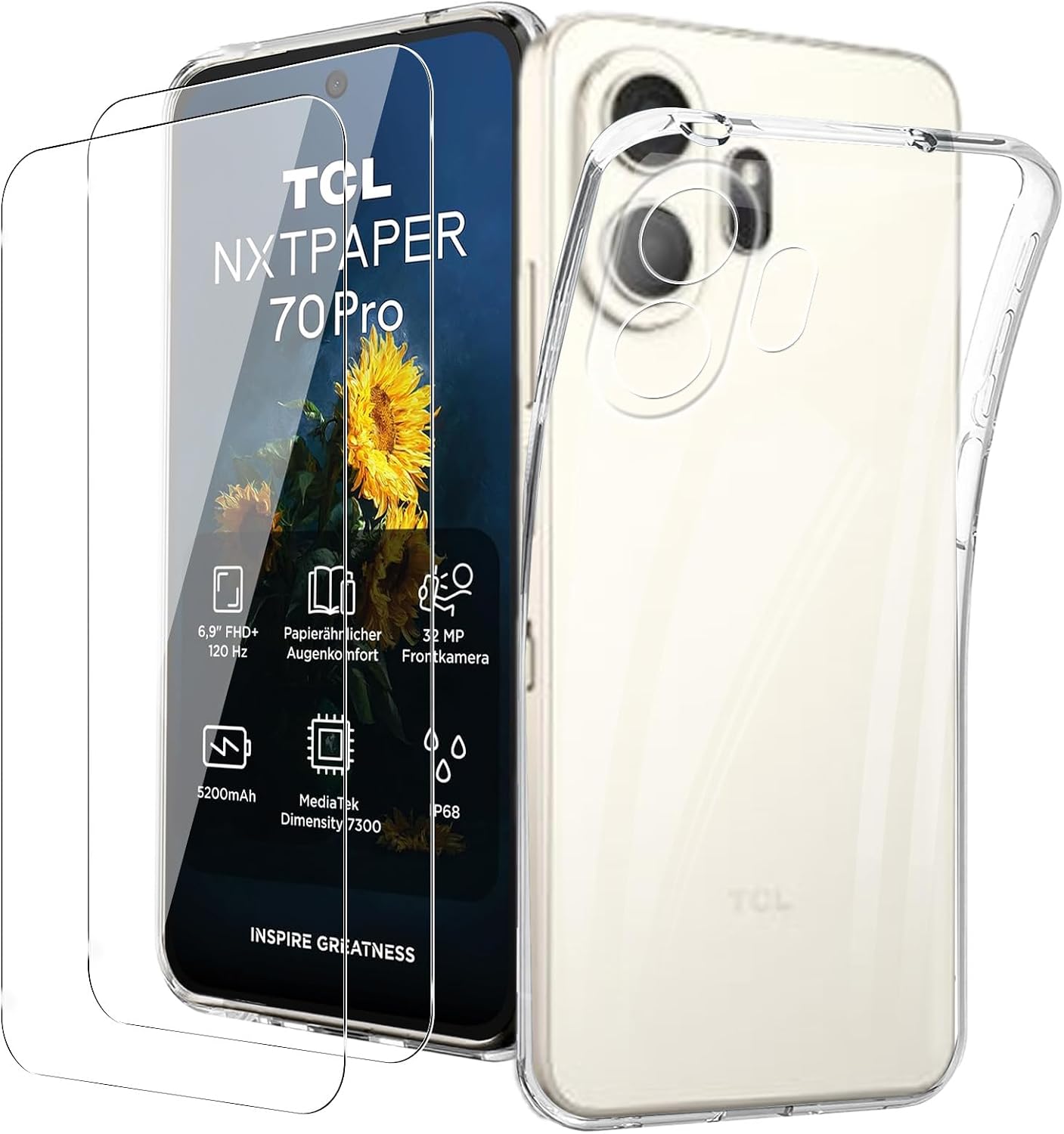 KUSINHOKA Funda para TCL Nxtpaper 70 Pro 5G + [2 Pack] Cristal Templado, Suave Silicona [Anti-Choque] Carcasa Protectora, Ultra Fina [Anti-arañazos] Transparente TPU Carcasa para TCL Nxtpaper 70 Pro