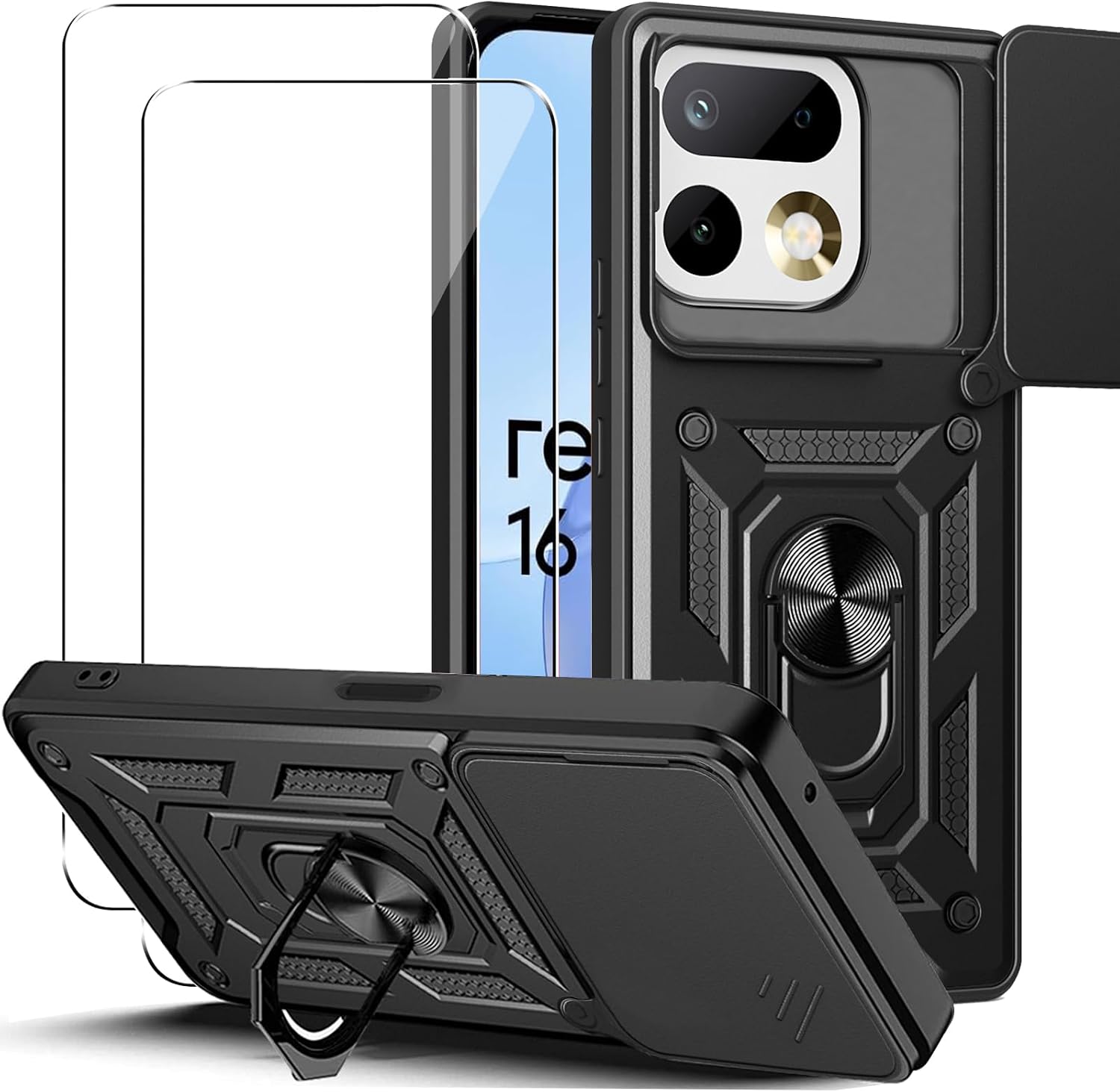 KUSINHOKA Funda para Realme 16 Pro 5G con Protección de Cámara Cubierta y Soporte de Anillo + [2 Pack] Cristal Templado, [Antigolpes Grado Militar] Anti-arañazos Protectora Carcasa, Negro