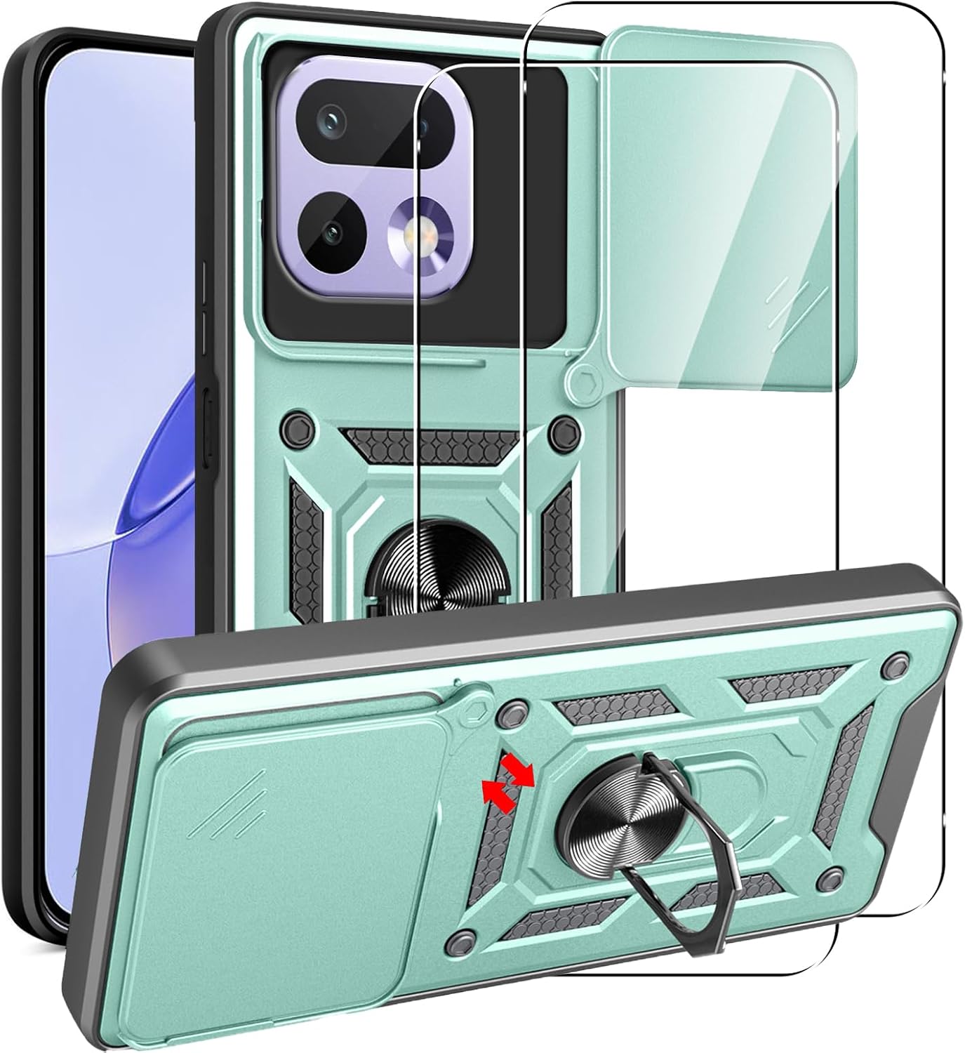 MEMELOKA Funda para Realme 16 Pro 5G + 2 Piezas Cristal Templado, Armor Carcasa Militar Antiarañazos con 360° Soporte de Anillo, Antigolpes Carcasa con Cubierta de Cámara Deslizante, Verde