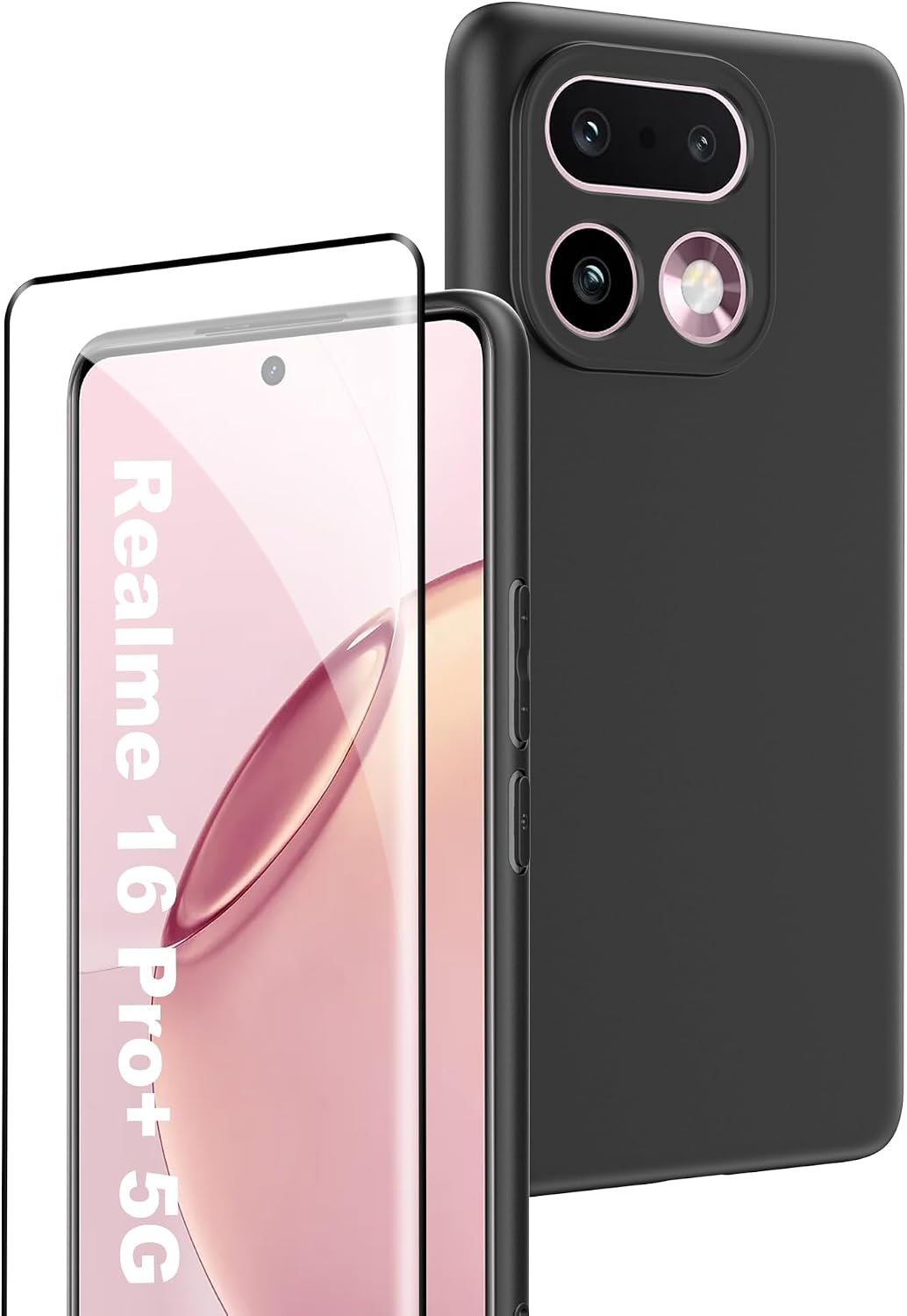 Funda para Realme 16 Pro Plus/Pro+ 5G + 1 Pack Cristal Vidrio Templado, Protector de Pantalla Ultra Claro,dureza 9H,Funda Protectora Suave y Ultrafina a Prueba de Golpes-Negro