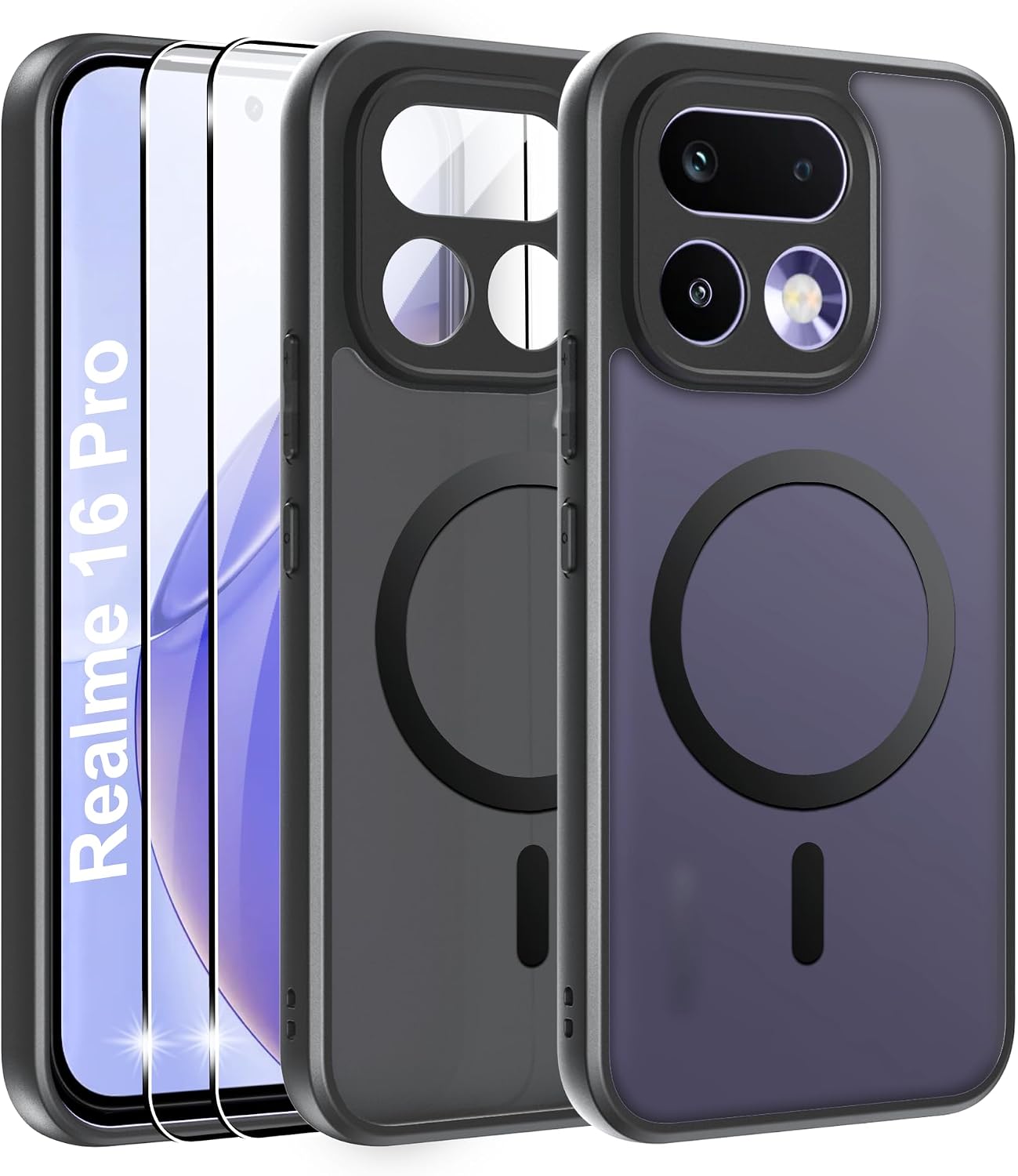Effcotuo Funda Magnética para Realme 16 Pro 5G Case con MagSafe con 2 Piezas Protector de Pantalla Cristal Templado, Acrílico Carcasa Respaldo Translúcida Mate Antigolpes Cover