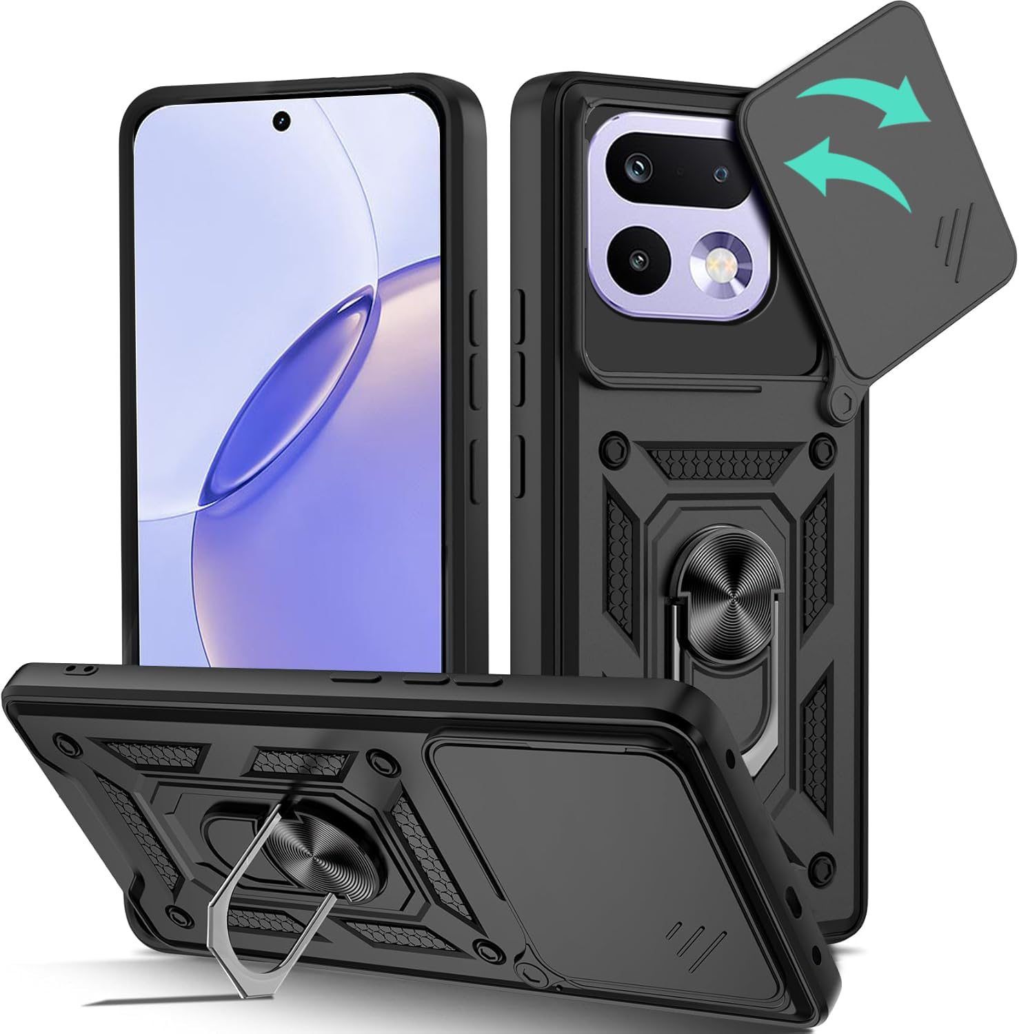 Funda para Realme 16 Pro+ / Realme 16 Pro Plus 5G, Protección de la Cámara Carcasa con Cubierta de Cámara Deslizante y Soporte de Anill PC Dura y TPU Silicone Anti-Choque Case – Negro