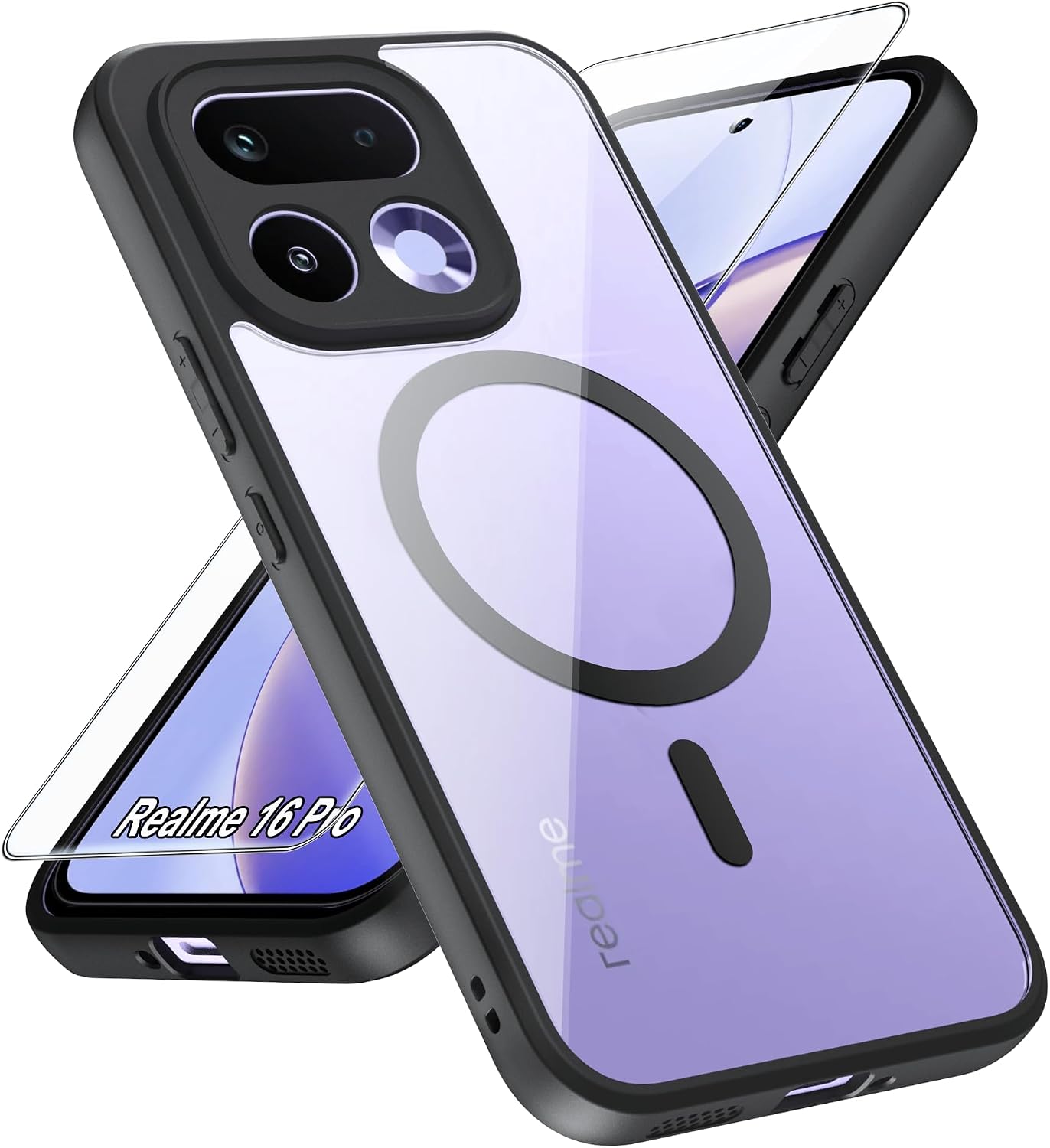 Funda para Realme 16 Pro 5G + 1 Protector de Pantalla de Vidrio Templado, Material PC de, Diseño Magnético, a Prueba de Caídas, Transparente