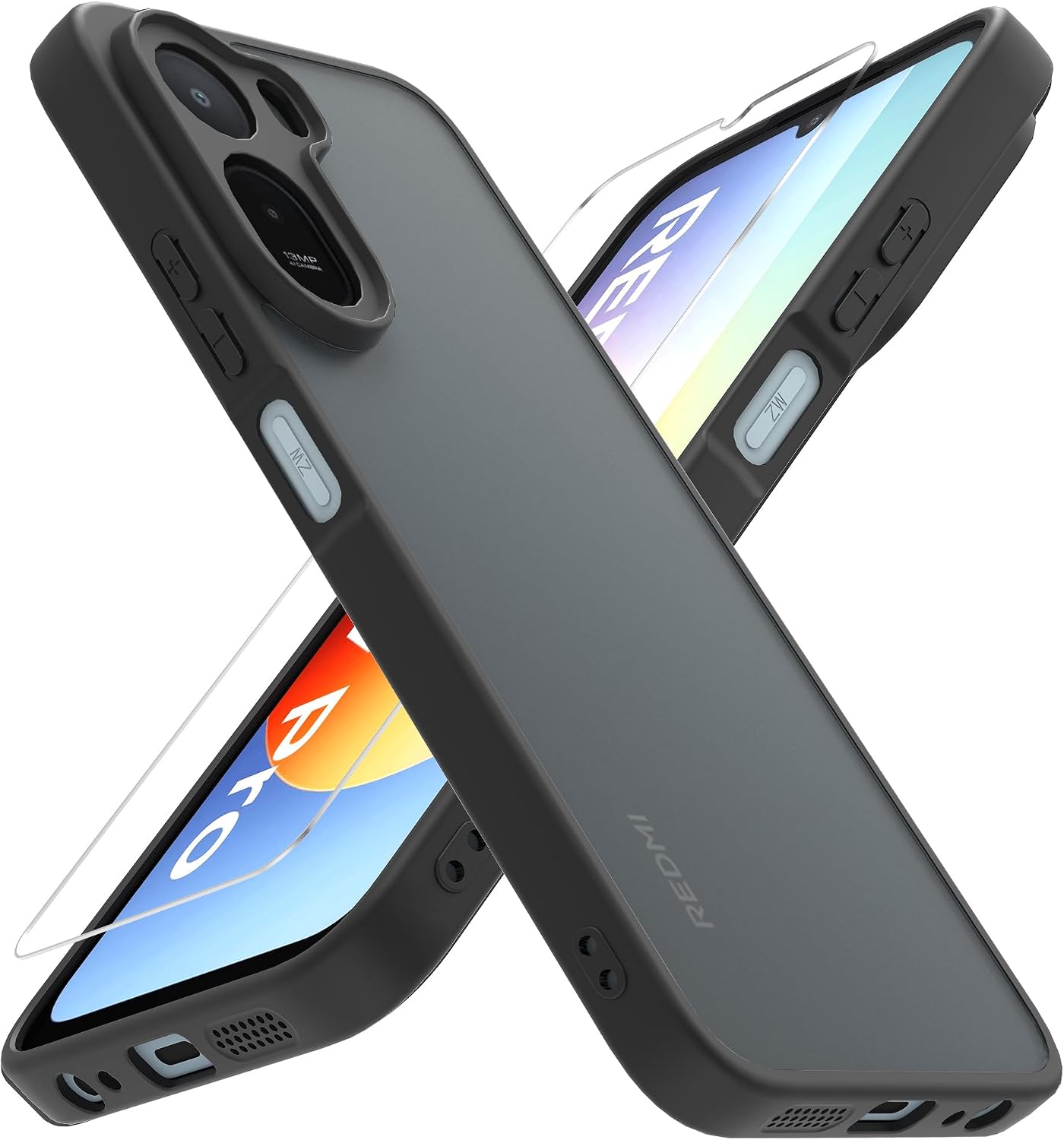 Funda Xiaomi Redmi A7 Pro 4G (6.9") con Cristal Templado Protector de Pantalla,Negro Mate Translúcido Protectora Carcasa de TPU Silicona Resistente Bumper Case Cover - Negro