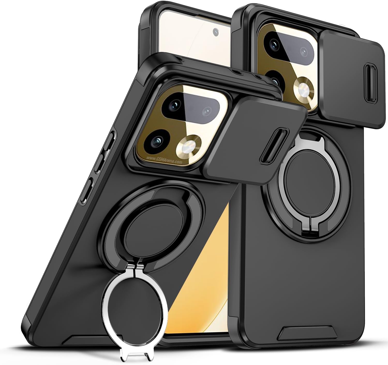 Funda para Realme 16 Pro+ / Realme 16 Pro Plus 5G – Anti-Golpes Carcasa con Cubierta Deslizante Cámara & Soporte Giratorio 360°, Silicona Anti-Huellas y Amortiguación - Negro