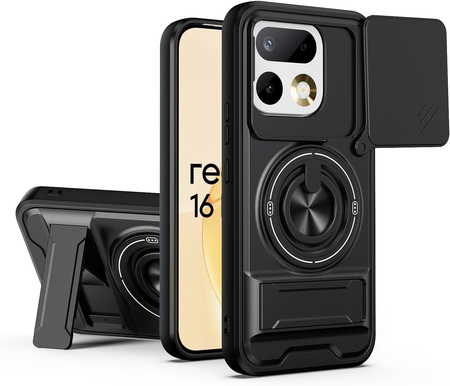 Funda para Realme 16 Pro+ / Realme 16 Pro Plus 5G, Carcasa Militar con Soporte Giratorio y Plegable, Tapa Deslizante para Cámara, Antigolpes Antiarrayazos Antideslizante Antihuellas - Negro