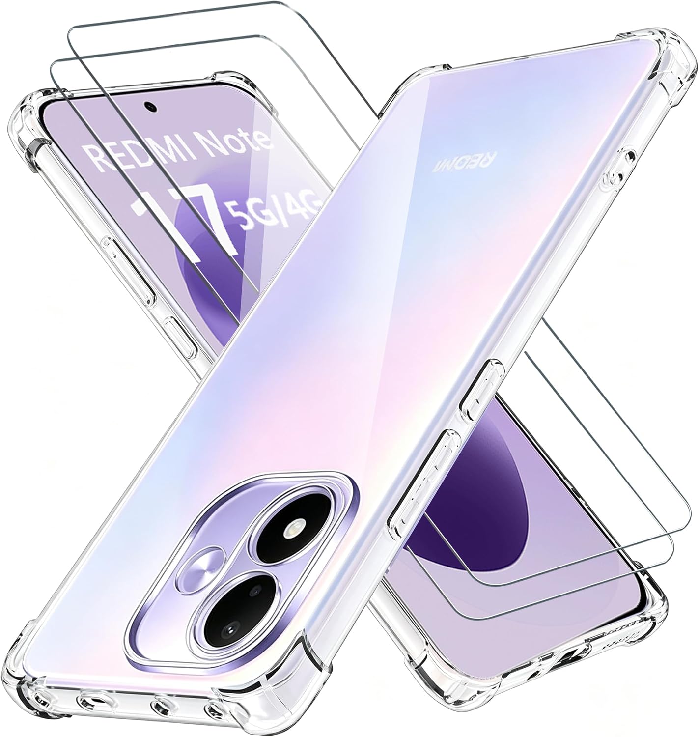 Funda para Xiaomi Redmi Note 17 5G / 4G con 2 Piezas Cristal Templado, Funda con Protección de Cámara, Silicona Suave TPU Anti-Choques, Parachoques con Esquinas Reforzadas, Transparente