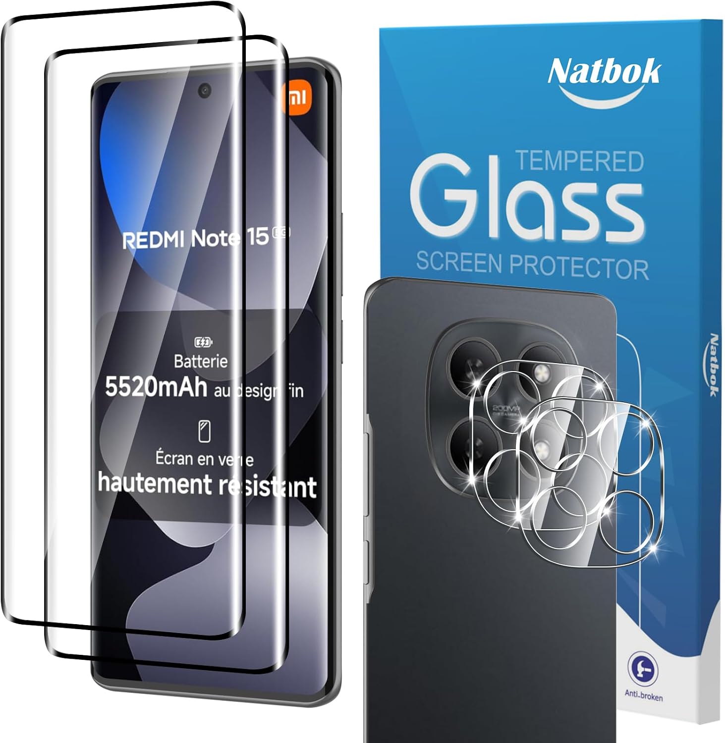 2+2 Piezas 3D Protector de Pantalla para Xiaomi Redmi Note 15 4G/5G con Protección de Cámara, Cristal Templado Dureza 9H Antihuellas Sin Burbujas Ultra Transparente Vidrio Templado