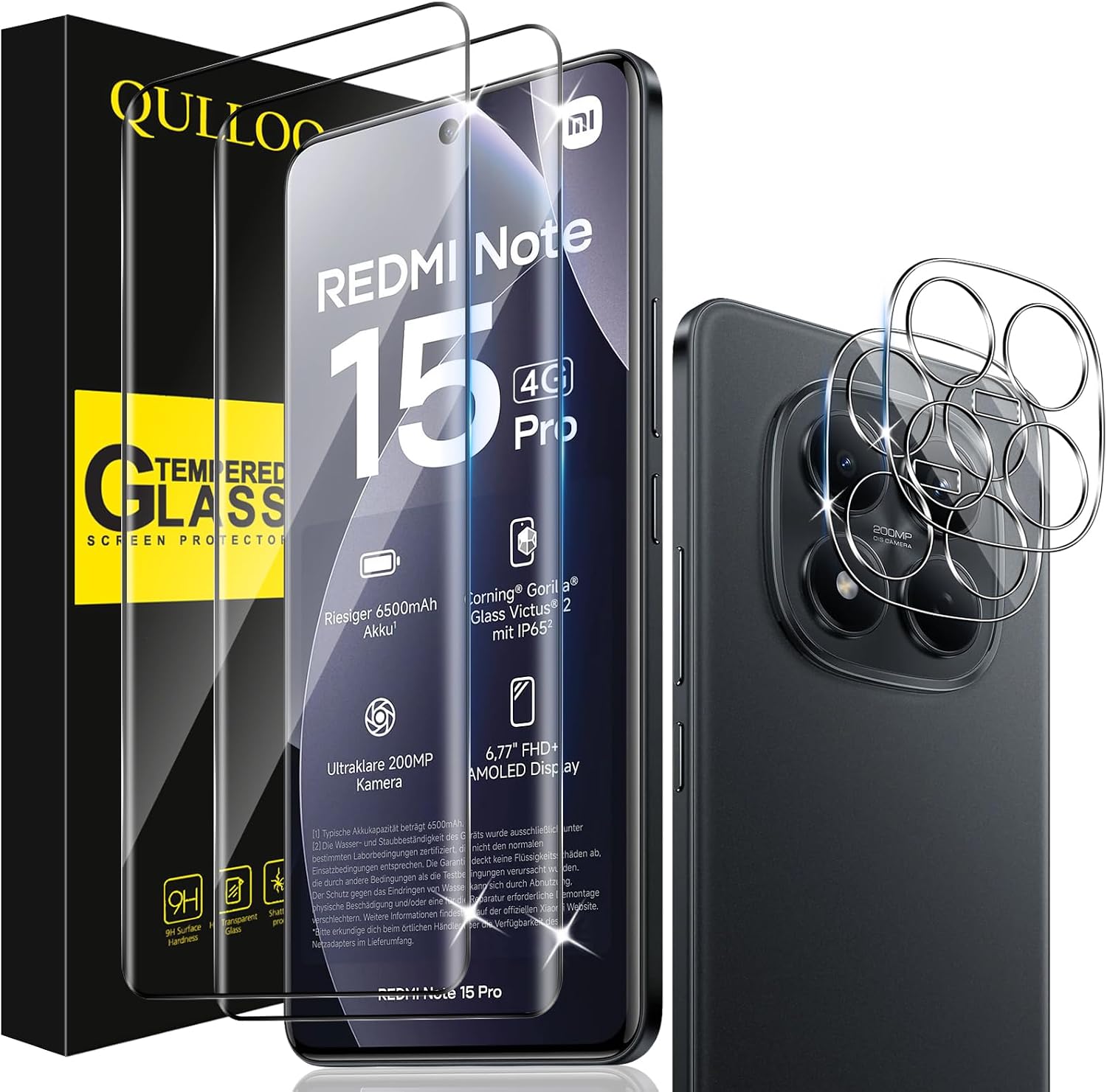 QULLOO Protector de Pantalla para Xiaomi Redmi Note 15 Pro 4G, 2 Piezas Cristal Templado y 2 Piezas Protector de Lente de Cámara, Dureza 9H Ultra Resistente Vidrio Templado