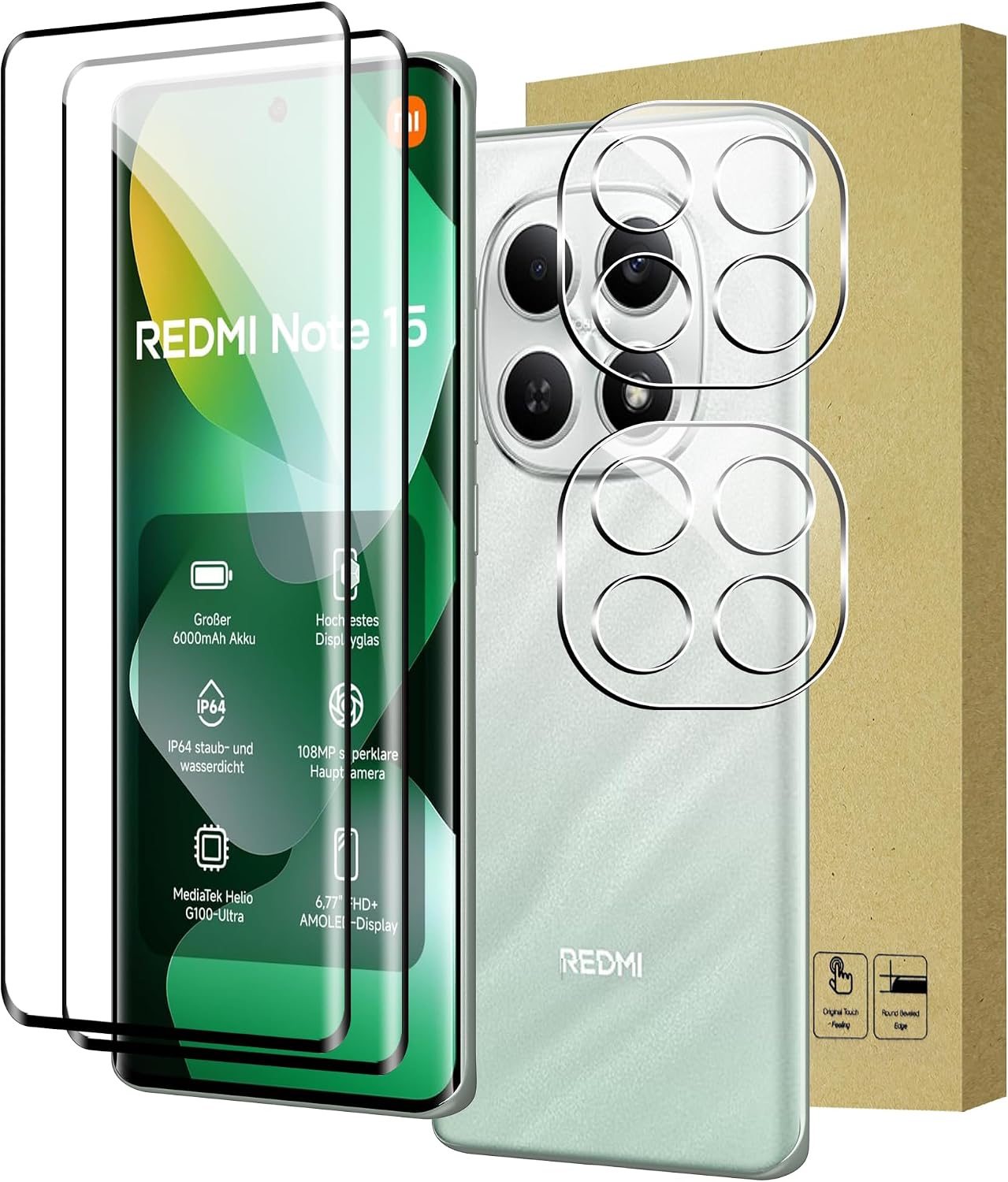 Fitudoos para Xiaomi Redmi Note 15 4G Cristal Templado Protector de Pantalla [2 Piezas]+Protector de Lente de Cámara [2 Piezas], [9H Dureza] [Resistente a Arañazos].