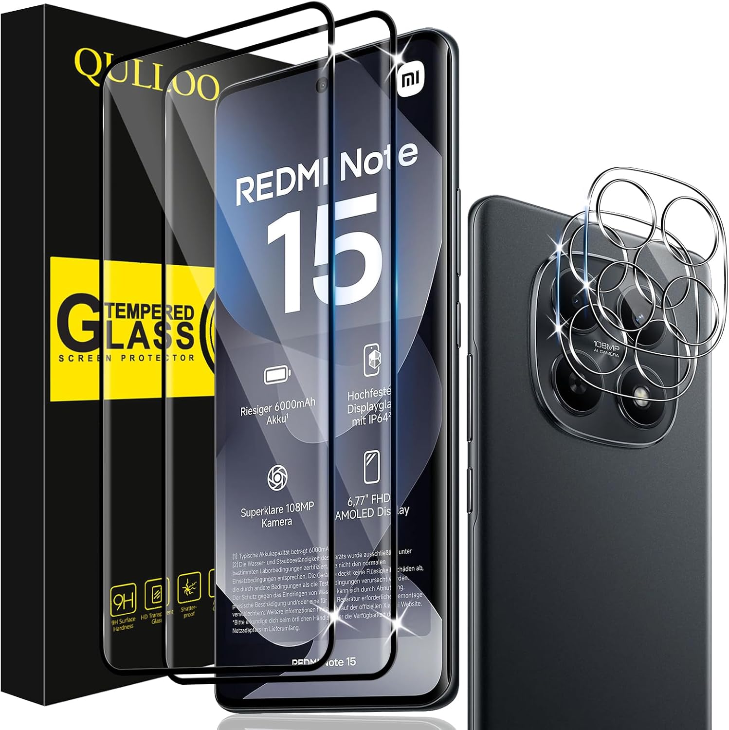 QULLOO Protector de Pantalla para Xiaomi Redmi Note 15 4G, 2 Piezas Cristal Templado y 2 Piezas Protector de Lente de Cámara, Dureza 9H Ultra Resistente Vidrio Templado