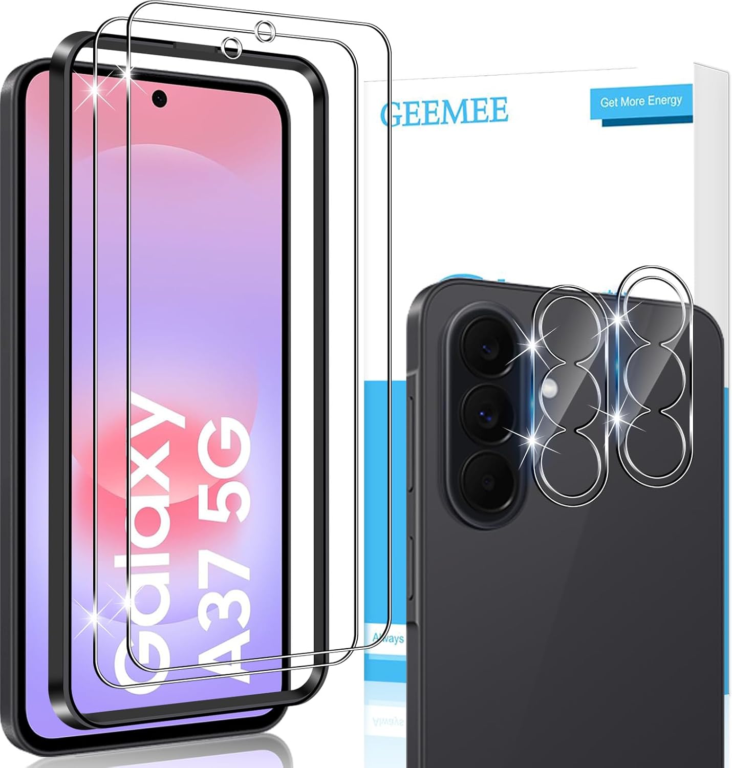 para Samsung Galaxy A37 Protector de Pantalla + Protector de Lente de cámara, 2+2 Piezas 9H Cristal Templado Película Vidrio Templado, HD Instalación Rápida Glass Screen Protector