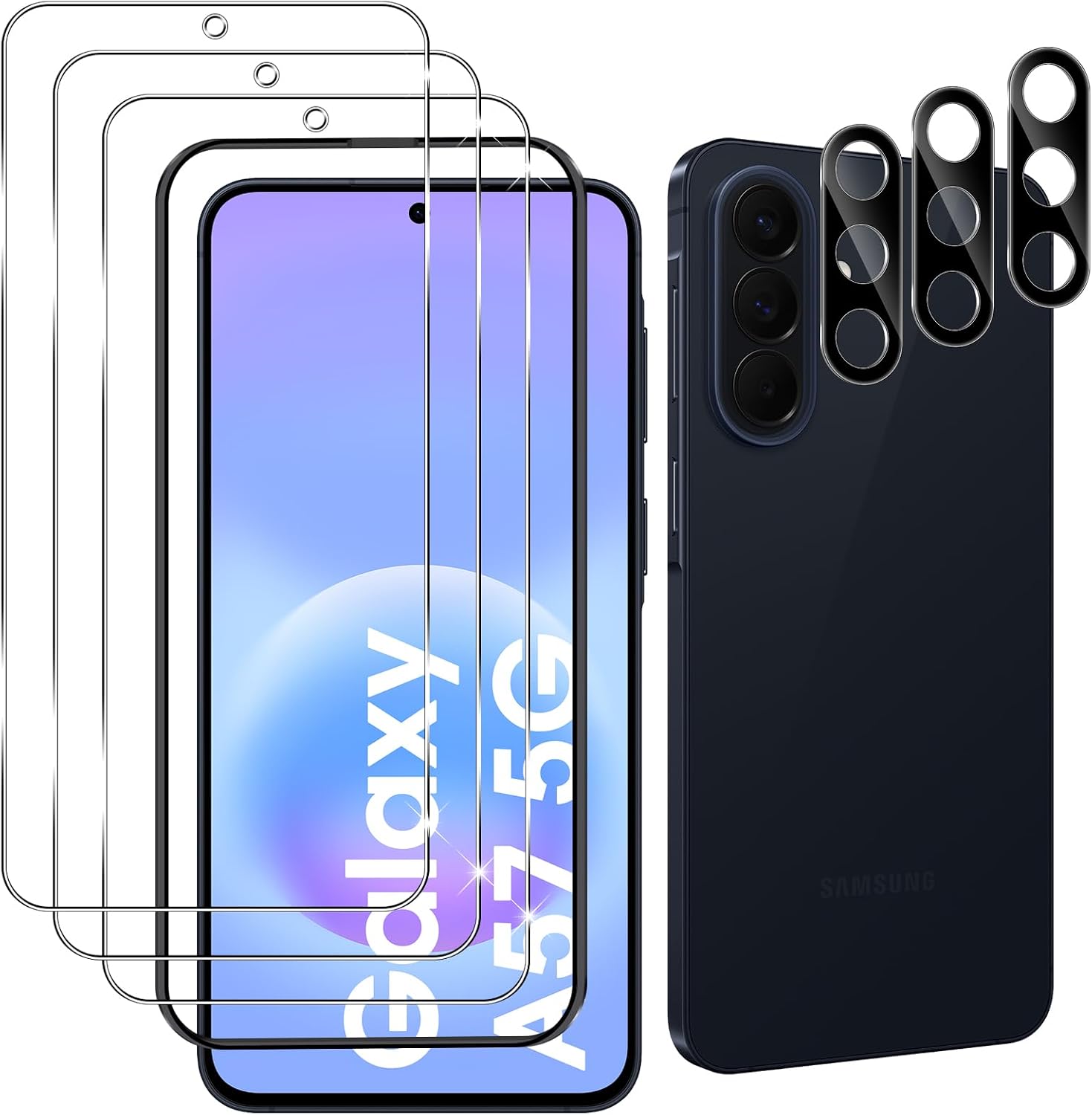 Datree 3 Piezas Protector de Pantalla para Samsung Galaxy A57 5G, con 3 Piezas Protector de Lente de Cámara (Negro), Dureza 9H Sin Burbujas, HD Anti-Arañazos Cristal Templado Película