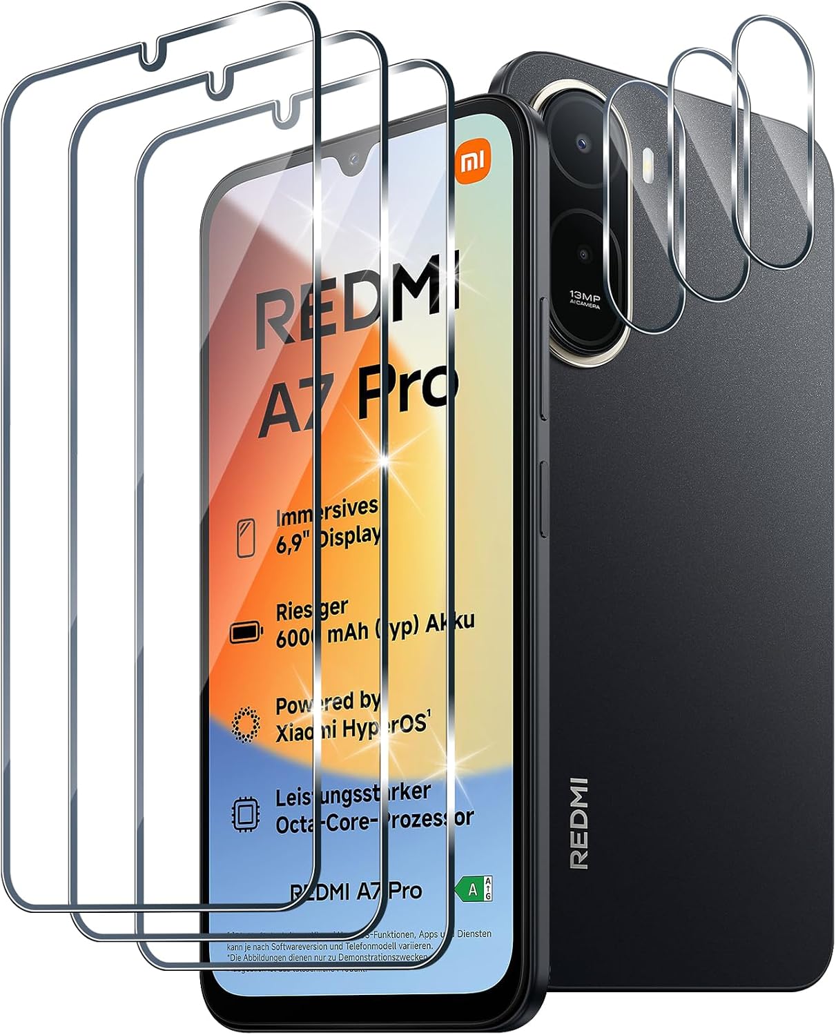 Protector de Pantalla para Xiaomi Redmi A7 Pro 4G, 3 Piezas Cristal Templado y 3 Piezas Protector Lente Cámara, 9H Dureza HD Sensibilidad Resistente a Arañazos Vidrio Templado