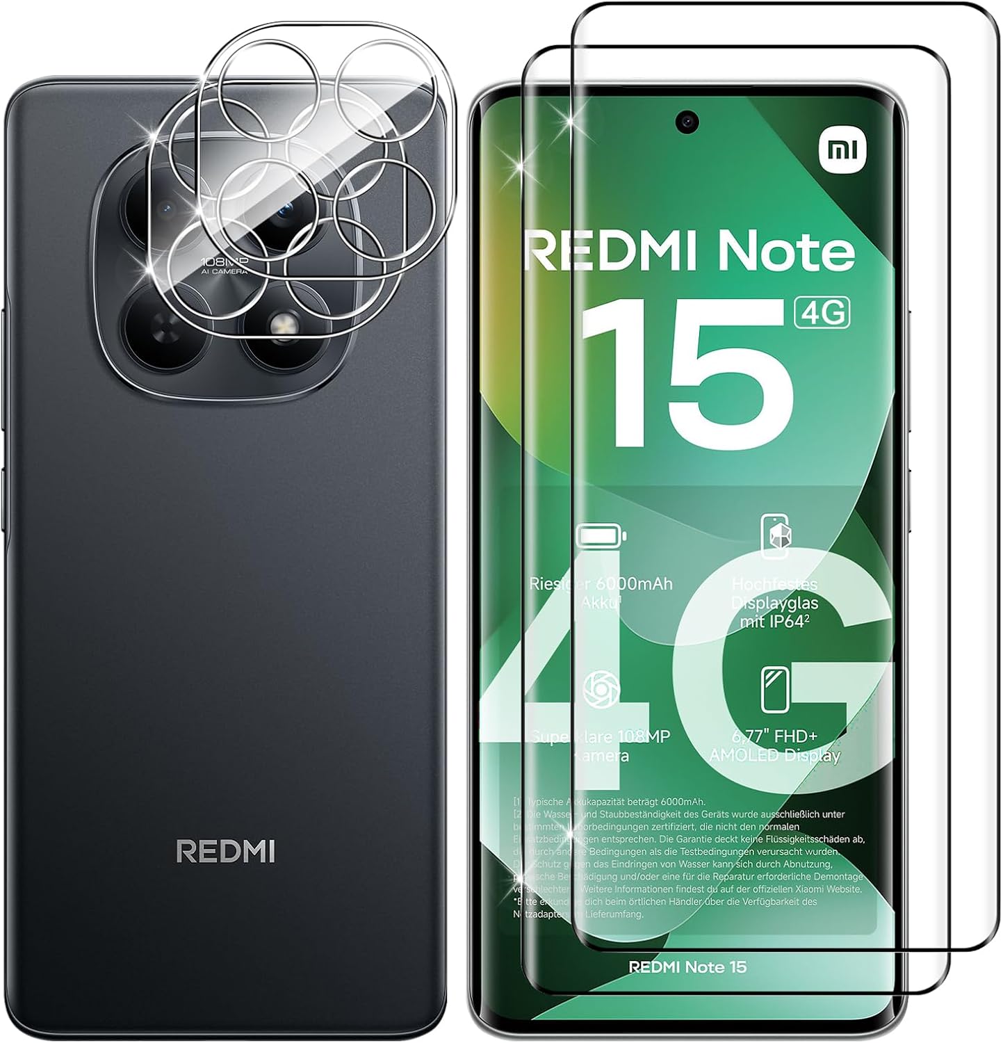 Lutree para Xiaomi Redmi Note 15 4G Cristal Templado, 2+2 Piezas 3D Protector de Pantalla + Protector de Lente de Cámara, Dureza 9H HD Sin Burbujas Vidrio Templado Película Protectora