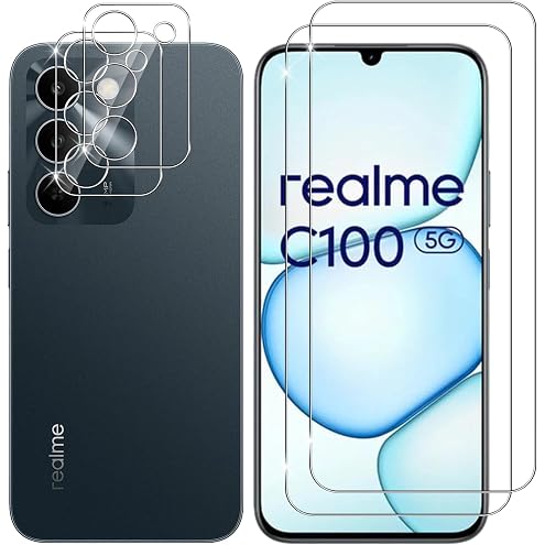 Lutree Cristal Templado para Realme C100 5G, 2+2 Piezas Protector de Pantalla + Protector de Lente de Cámara, Dureza 9H HD Anti-Arañazos Vidrio Templado Película Protectora