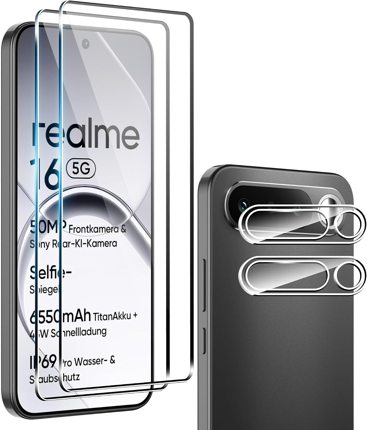 2 Piezas Protector Cristal Templado para Realme 16 5G, [2+2] Piezas Vidrio templado con Protector de Lente de cámara,Sin Burbujas, Dureza 9H Vidrio Templado, Arañazos
