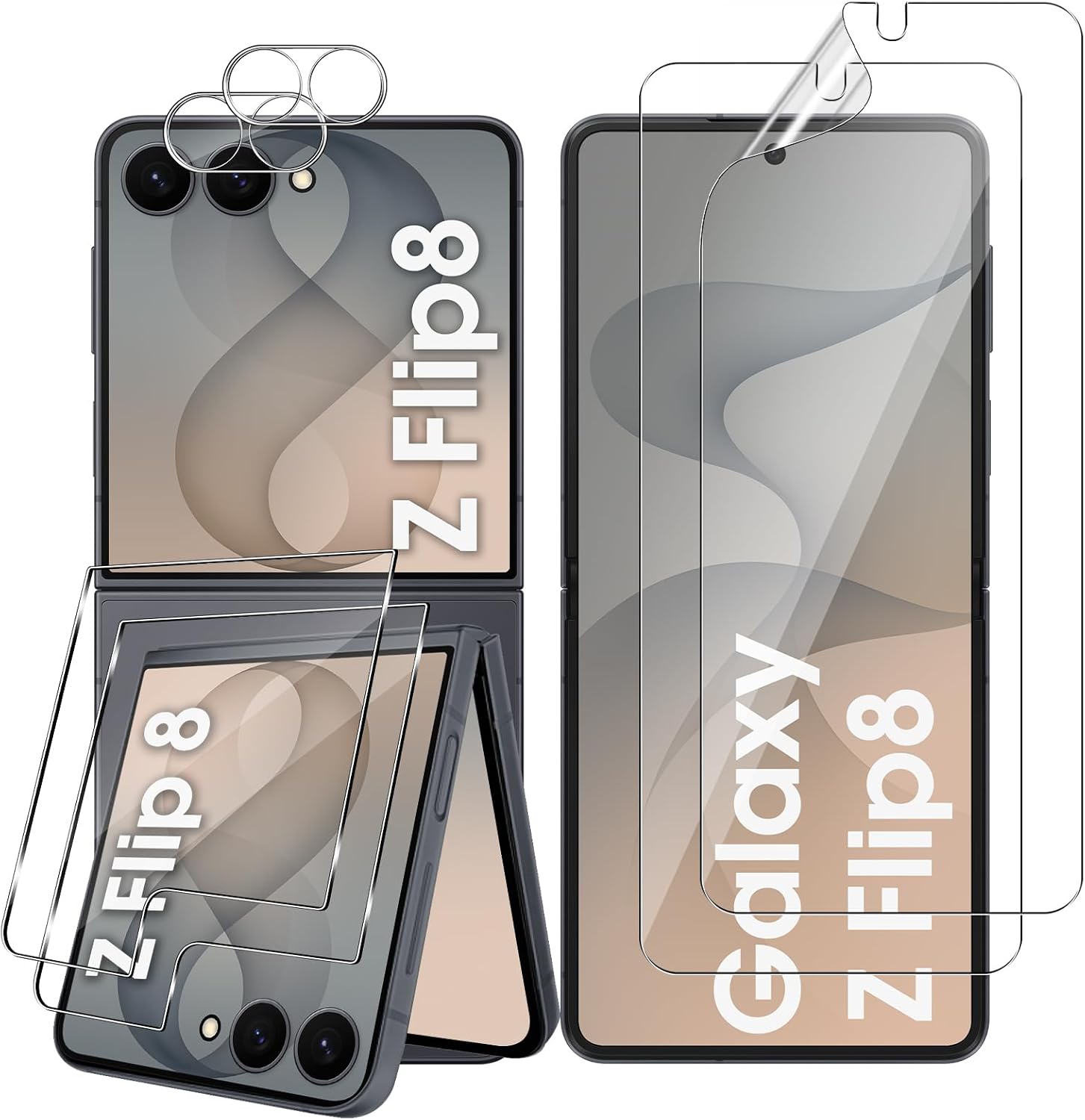 Vanrain Protector de Pantalla para Samsung Galaxy Z Flip 8, 2+2+2 Piezas Cristal Templado con Hidrogel Película y Protector de Lente de Cámara, 9H Dureza Alta Definición Sin Burbujas