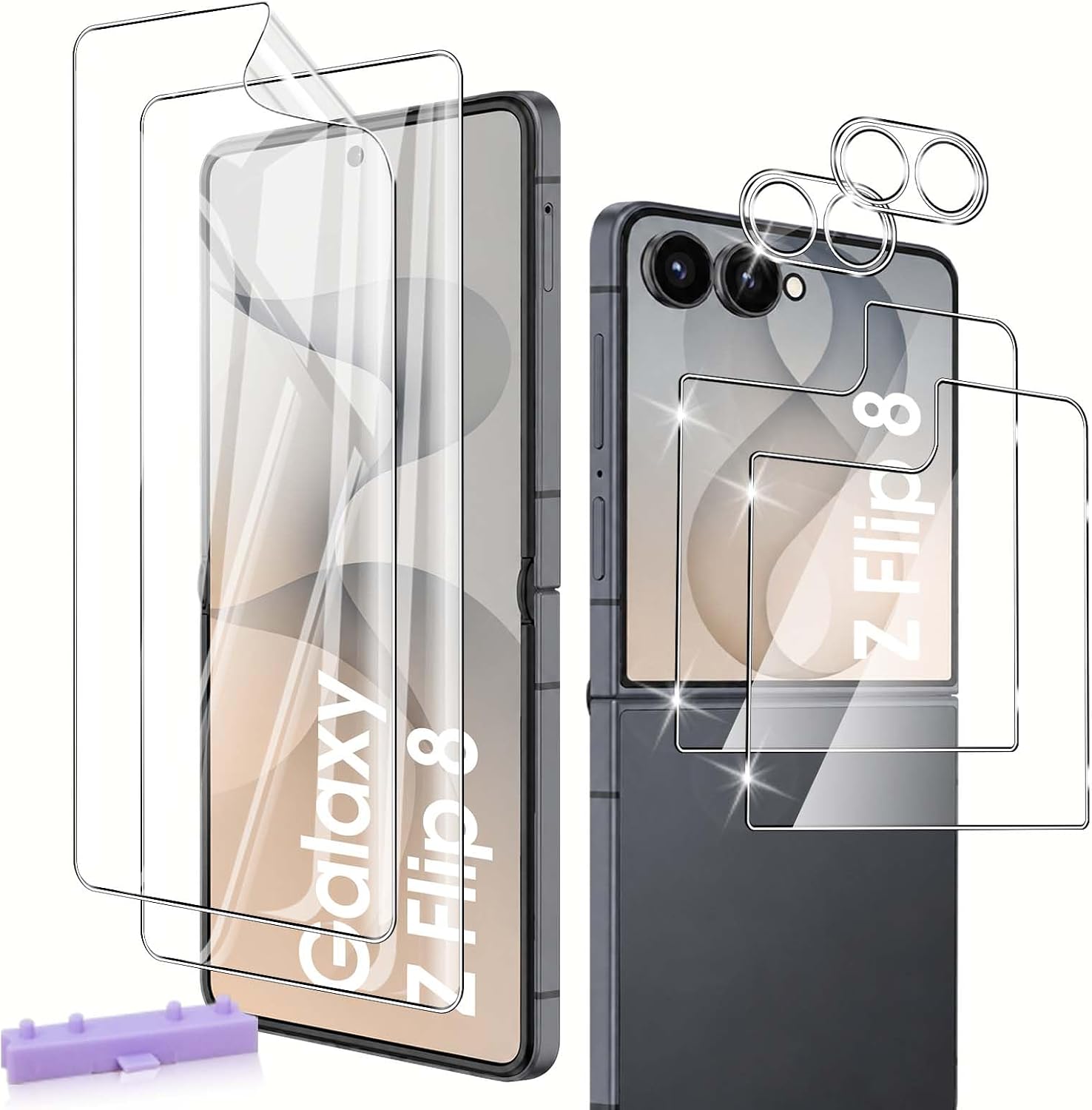 QULLOO Cristal Templado para Samsung Galaxy Z Flip 8 / Flip8 5G, HD Frontal Vidrio Templado + Dentro Flexible Protector de Pantalla + Protector de Lente de Cámara [2+2+2 Piezas]