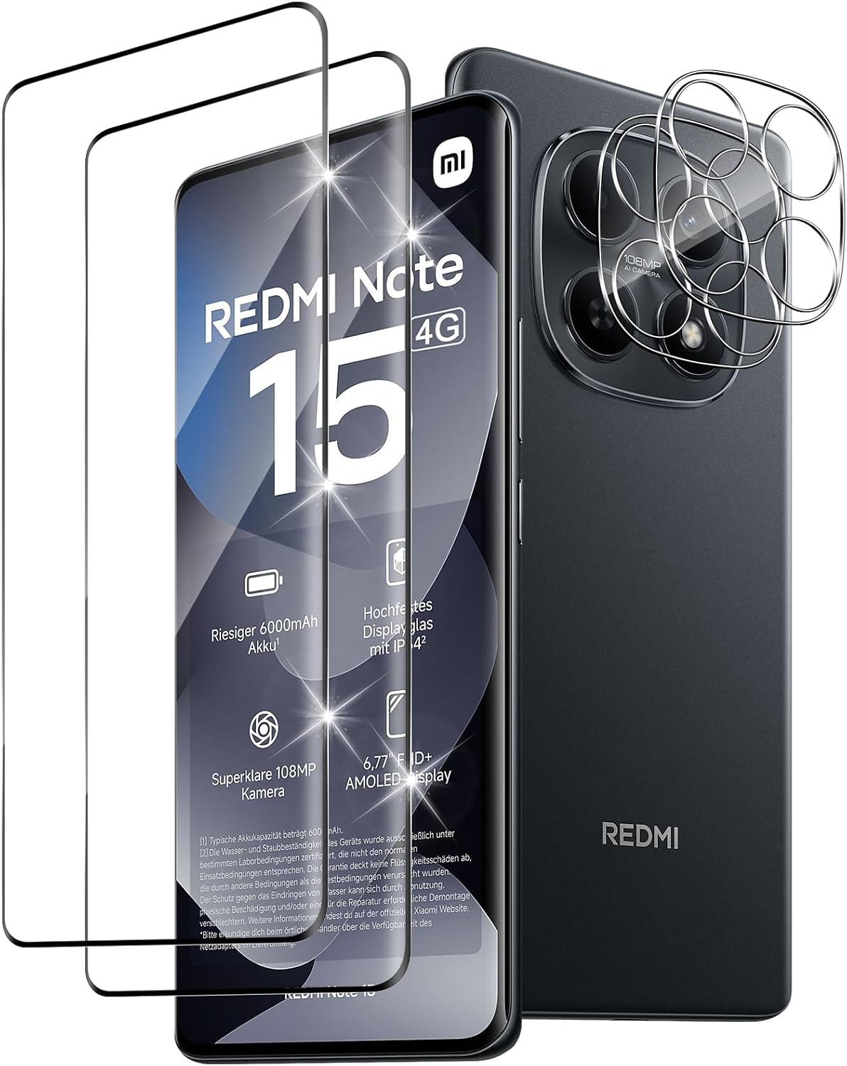 Protector de Pantalla para Xiaomi Redmi Note 15 4G, 2 Piezas Cristal Templado y 2 Piezas Protector Lente Cámara, 9H Dureza HD Sensibilidad Resistente a Arañazos Vidrio Templado