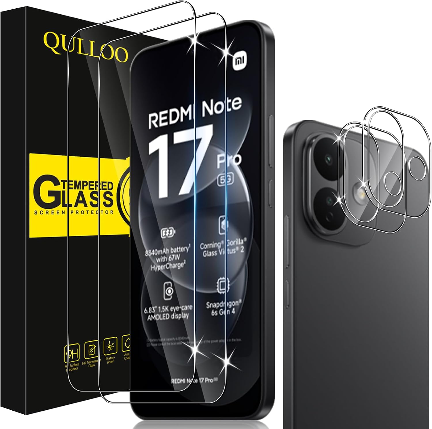QULLOO Protector de Pantalla para Xiaomi Redmi Note 17 Pro 5G, 2 Piezas Cristal Templado y 2 Piezas Protector de Lente de Cámara, Dureza 9H Ultra Resistente Vidrio Templado