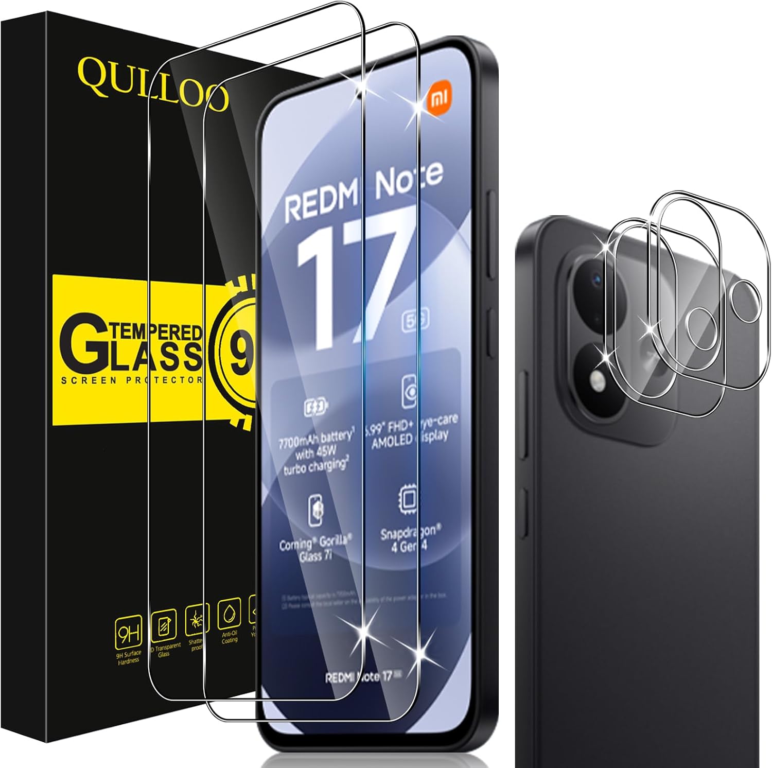 QULLOO Protector de Pantalla para Xiaomi Redmi Note 17 5G / 4G, 2 Piezas Cristal Templado y 2 Piezas Protector de Lente de Cámara, Dureza 9H Ultra Resistente Vidrio Templado