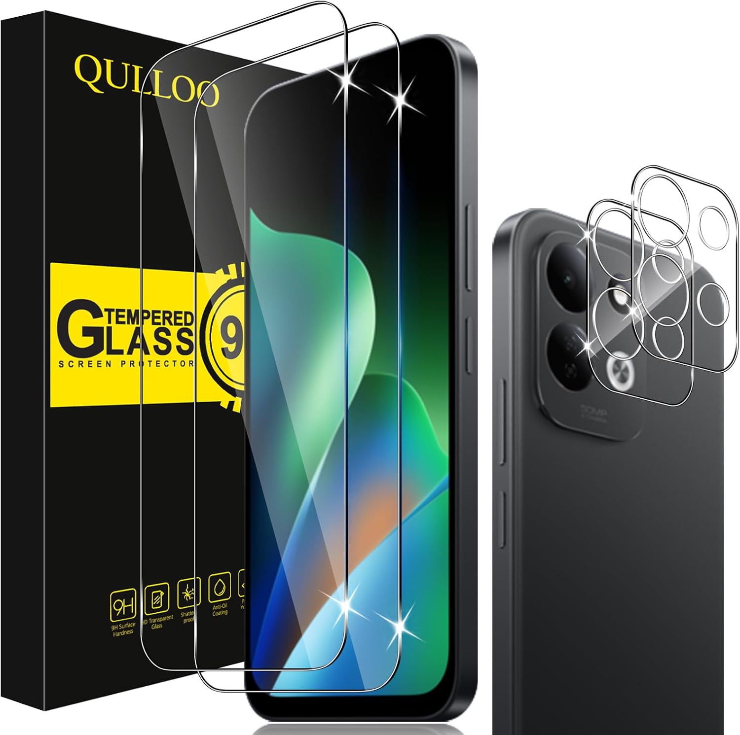 QULLOO Protector de Pantalla para Xiaomi Redmi 17 4G / 5G, 2 Piezas Cristal Templado y 2 Piezas Protector de Lente de Cámara, Dureza 9H Ultra Resistente Vidrio Templado