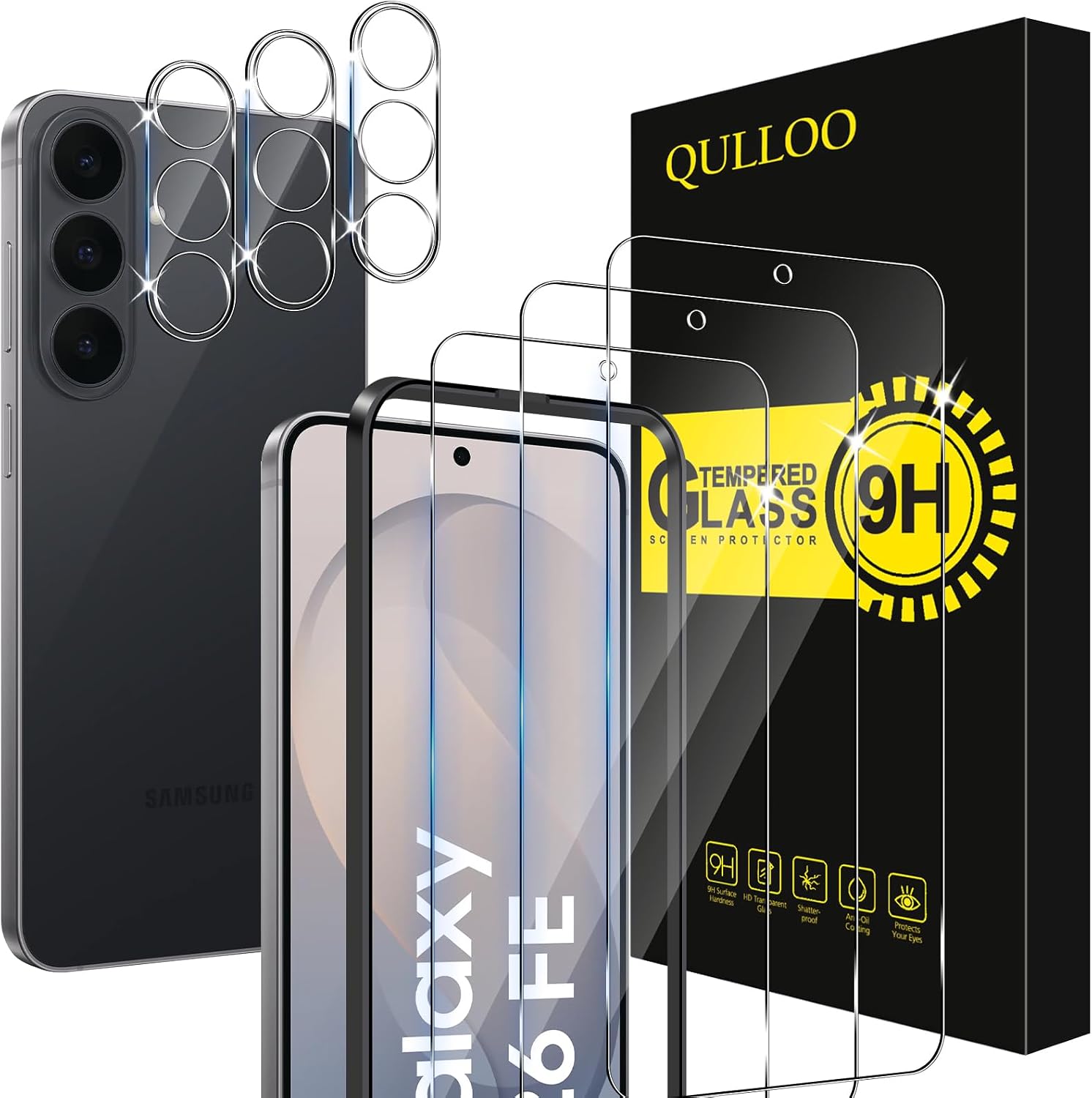 QULLOO Protector de Pantalla para Samsung Galaxy S26 FE, 3 Piezas Cristal Templado y 3 Piezas Protector de Lente de Cámara, Dureza 9H Ultra Resistente Vidrio Templado
