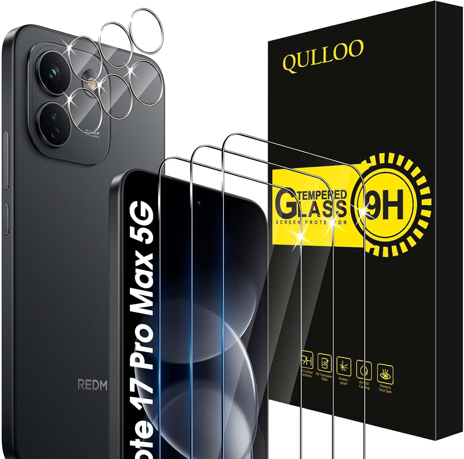 QULLOO Protector de Pantalla para Xiaomi Redmi Note 17 Pro Max 5G, 3 Piezas Cristal Templado y 3 Piezas Protector de Lente de Cámara, Dureza 9H Ultra Resistente Vidrio Templado